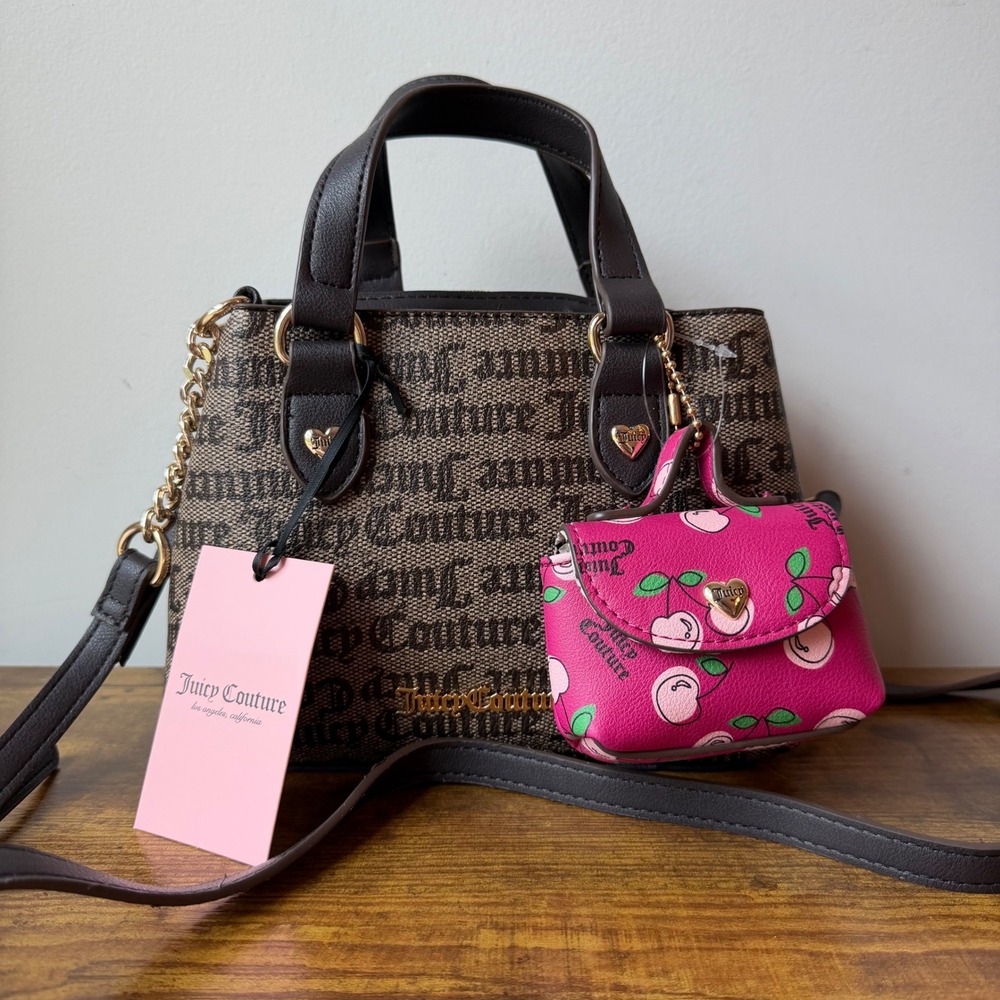New Juicy Couture Sweet Thing Crossbody Mini Tote Handbag Cherry Brown Charm